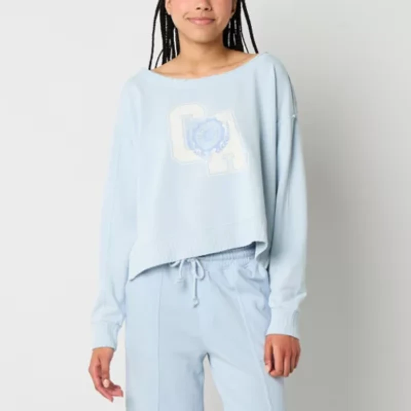 Arizona Off The Shoulder Womens Juniors Crew Neck Long Sleeve Sweatshirt