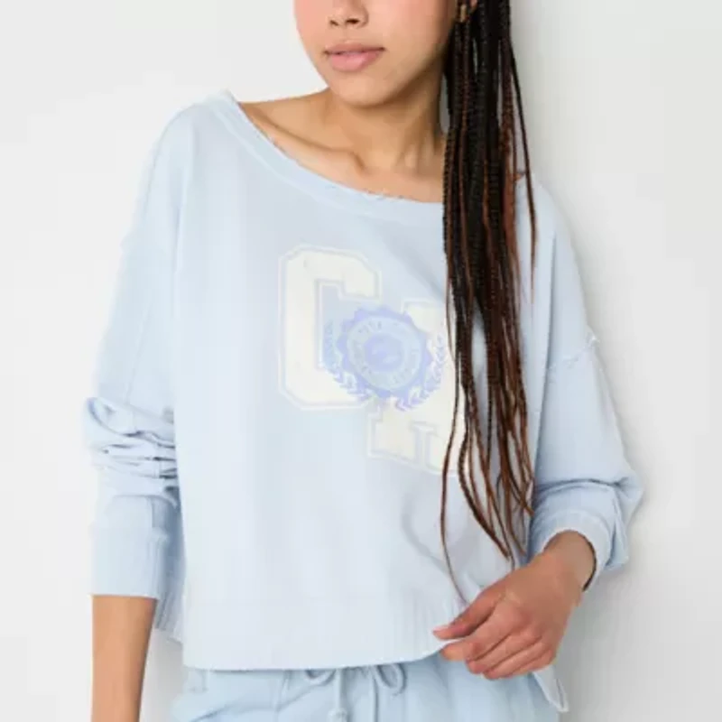 Arizona Off The Shoulder Womens Juniors Crew Neck Long Sleeve Sweatshirt