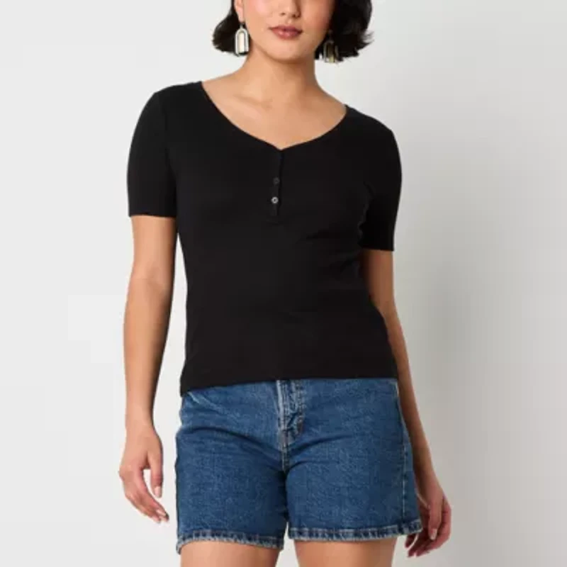 a.n.a Womens Short Sleeve Ribbed Henley Shirt