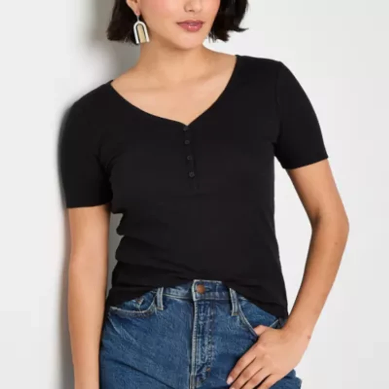 a.n.a Womens Short Sleeve Ribbed Henley Shirt