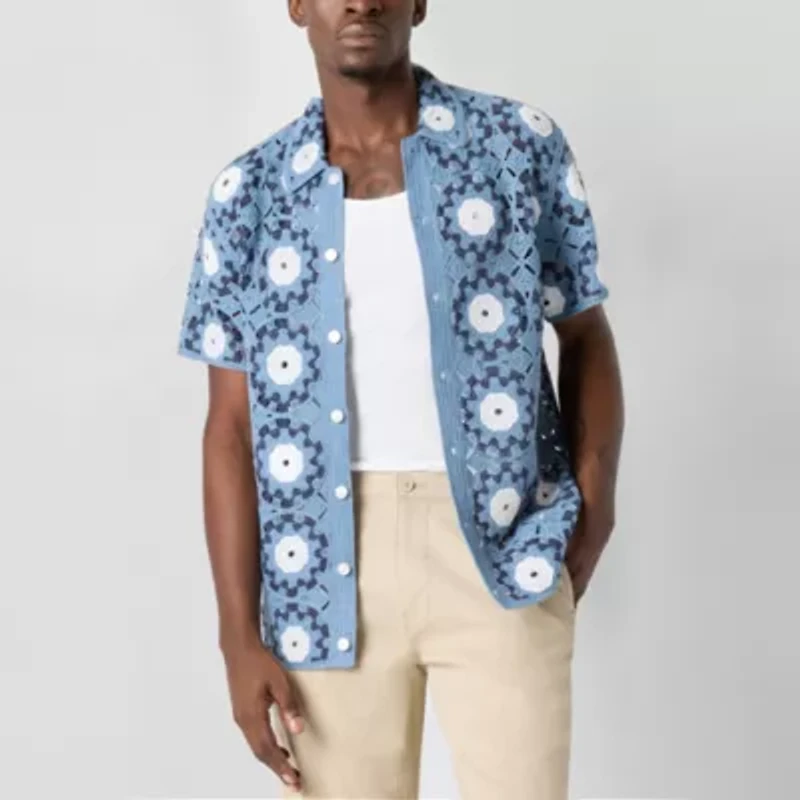 Arizona Mens Crochet Style Button-Front Sweater