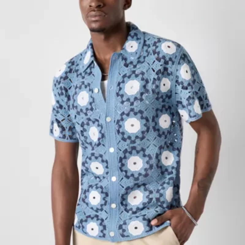 Arizona Mens Crochet Style Button-Front Sweater