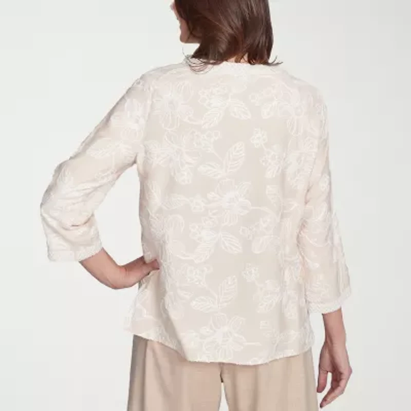 Alfred Dunner Catalina Island Womens V Neck 3/4 Sleeve Embroidered Blouse