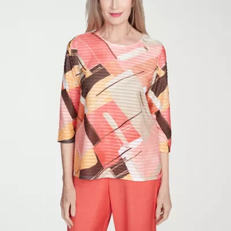 Alfred Dunner Catalina Island Womens Crew Neck 3/4 Sleeve T-Shirt