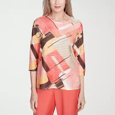 Alfred Dunner Catalina Island Womens Crew Neck 3/4 Sleeve T-Shirt