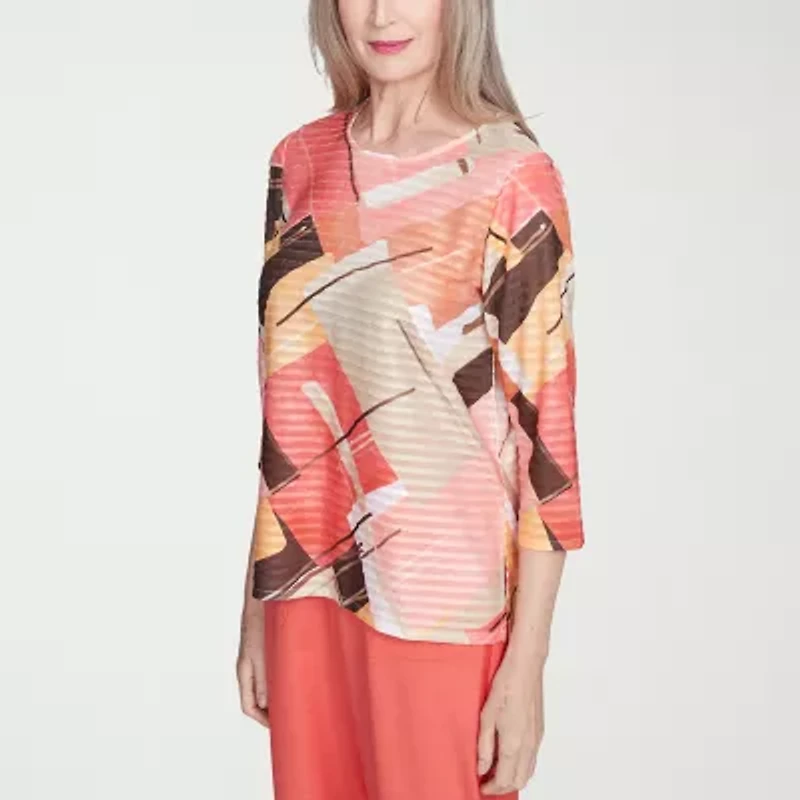 Alfred Dunner Catalina Island Womens Crew Neck 3/4 Sleeve T-Shirt