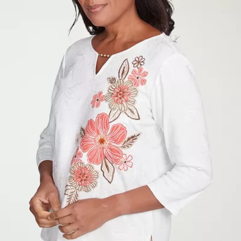 Alfred Dunner Catalina Island Womens Split Crew Neck 3/4 Sleeve T-Shirt