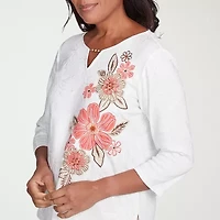 Alfred Dunner Catalina Island Womens Split Crew Neck 3/4 Sleeve T-Shirt