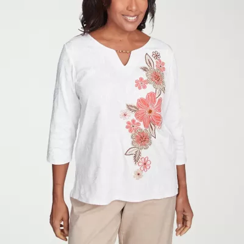 Alfred Dunner Catalina Island Womens Split Crew Neck 3/4 Sleeve T-Shirt