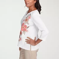 Alfred Dunner Catalina Island Womens Split Crew Neck 3/4 Sleeve T-Shirt