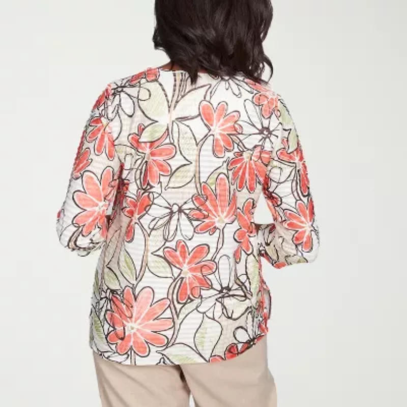 Alfred Dunner Catalina Island Womens Crew Neck 3/4 Sleeve T-Shirt