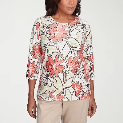 Alfred Dunner Catalina Island Womens Crew Neck 3/4 Sleeve T-Shirt