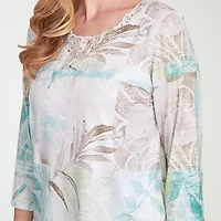 Alfred Dunner Kensington Garden Womens Crew Neck 3/4 Sleeve T-Shirt