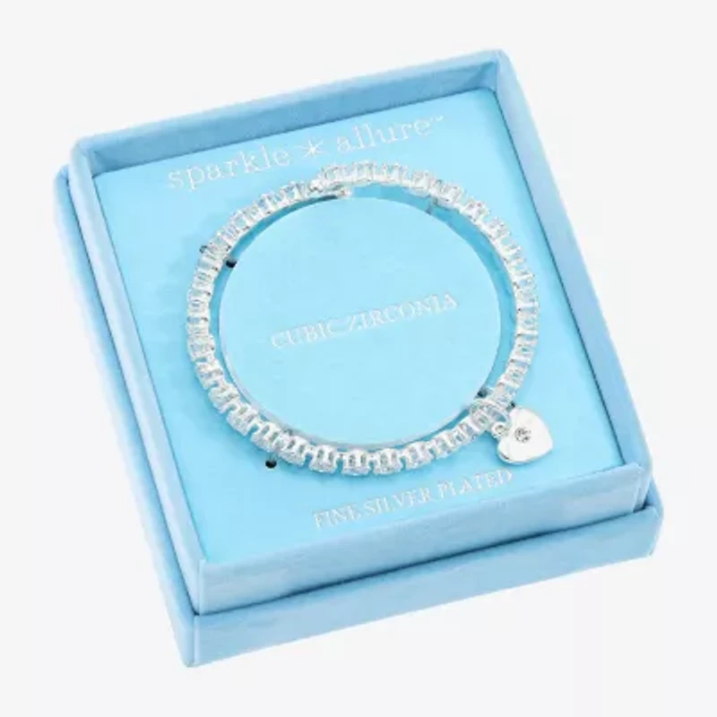 Sparkle Allure Coil Womens Cubic Zirconia Pure Silver Over Brass Heart Tennis Bracelet