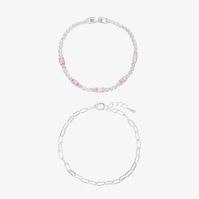 Sparkle Allure Tennis & Chain Womens 2-pc. Pink Cubic Zirconia Pure Silver Over Brass Bracelet Set