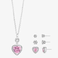 Sparkle Allure Halo Womens Pink Cubic Zirconia Pure Silver Over Brass Heart 2-pc. Jewelry Set