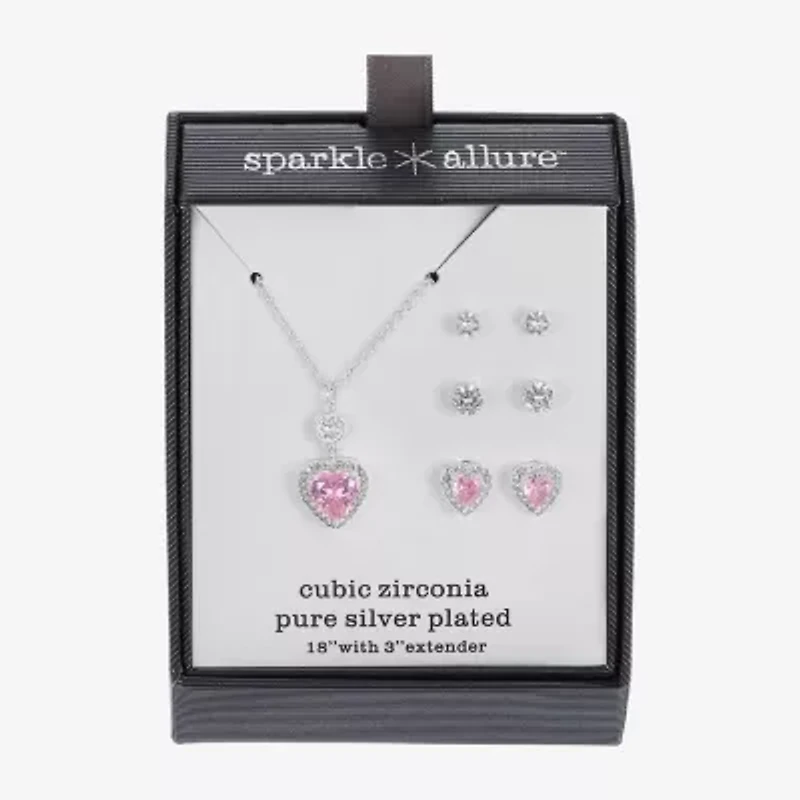 Sparkle Allure Halo Womens Pink Cubic Zirconia Pure Silver Over Brass Heart 2-pc. Jewelry Set