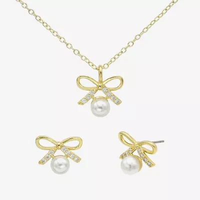 Sparkle Allure Womens Cubic Zirconia Simulated Pearl 14K Gold Over Brass Bow 2-pc. Jewelry Set