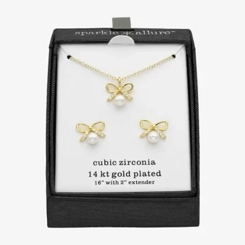 Sparkle Allure Womens Cubic Zirconia Simulated Pearl 14K Gold Over Brass Bow 2-pc. Jewelry Set