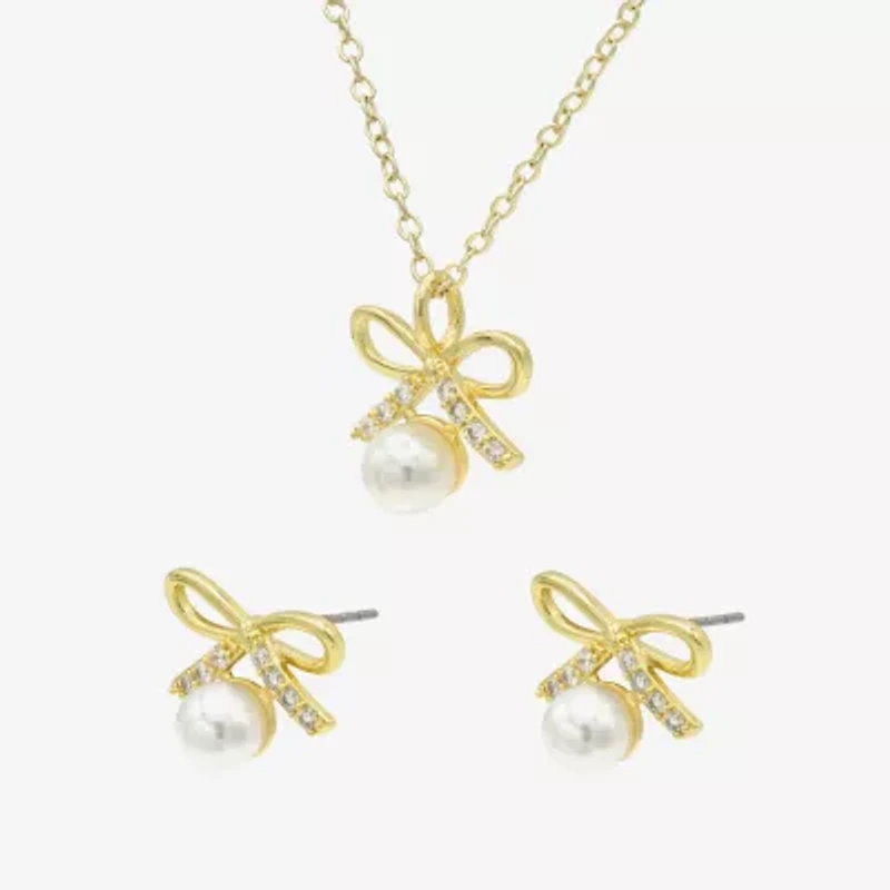 Sparkle Allure Womens Cubic Zirconia Simulated Pearl 14K Gold Over Brass Bow 2-pc. Jewelry Set