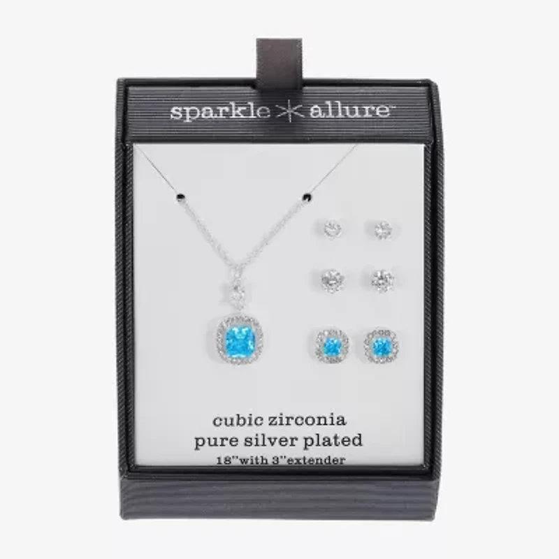 Sparkle Allure Halo Womens Blue Cubic Zirconia Pure Silver Over Brass Square 2-pc. Jewelry Set