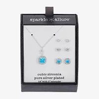 Sparkle Allure Halo Womens Blue Cubic Zirconia Pure Silver Over Brass Square 2-pc. Jewelry Set