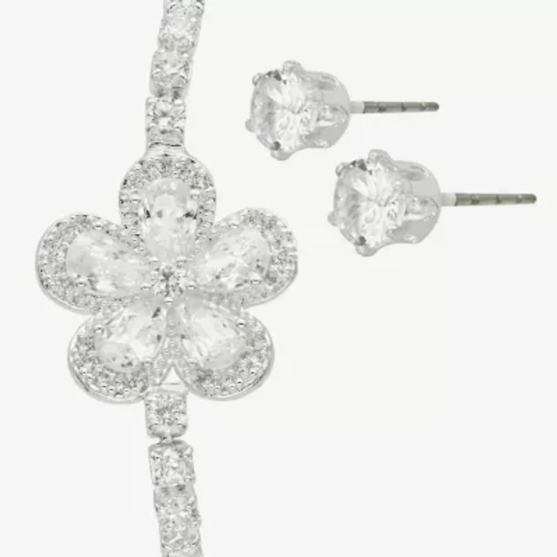 Sparkle Allure Womens Cubic Zirconia Pure Silver Over Brass Flower 2-pc. Jewelry Set