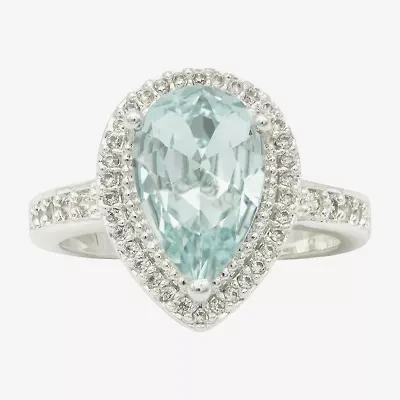 Sparkle Allure Halo Womens Blue Crystal Pure Silver Over Brass Pear Cocktail Ring
