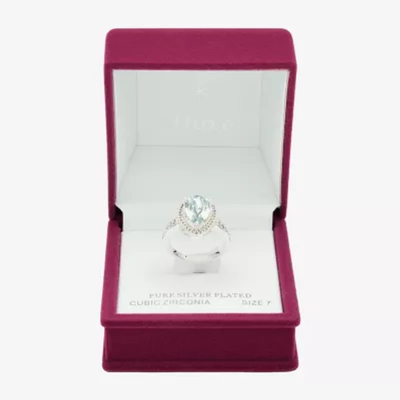Sparkle Allure Halo Womens Blue Crystal Pure Silver Over Brass Pear Cocktail Ring