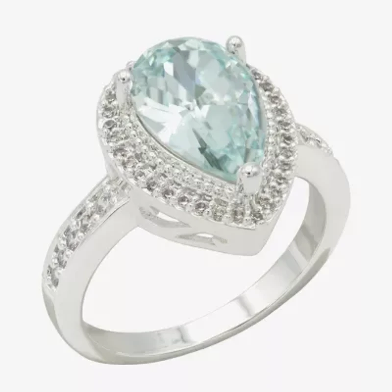 Sparkle Allure Halo Womens Blue Crystal Pure Silver Over Brass Pear Cocktail Ring