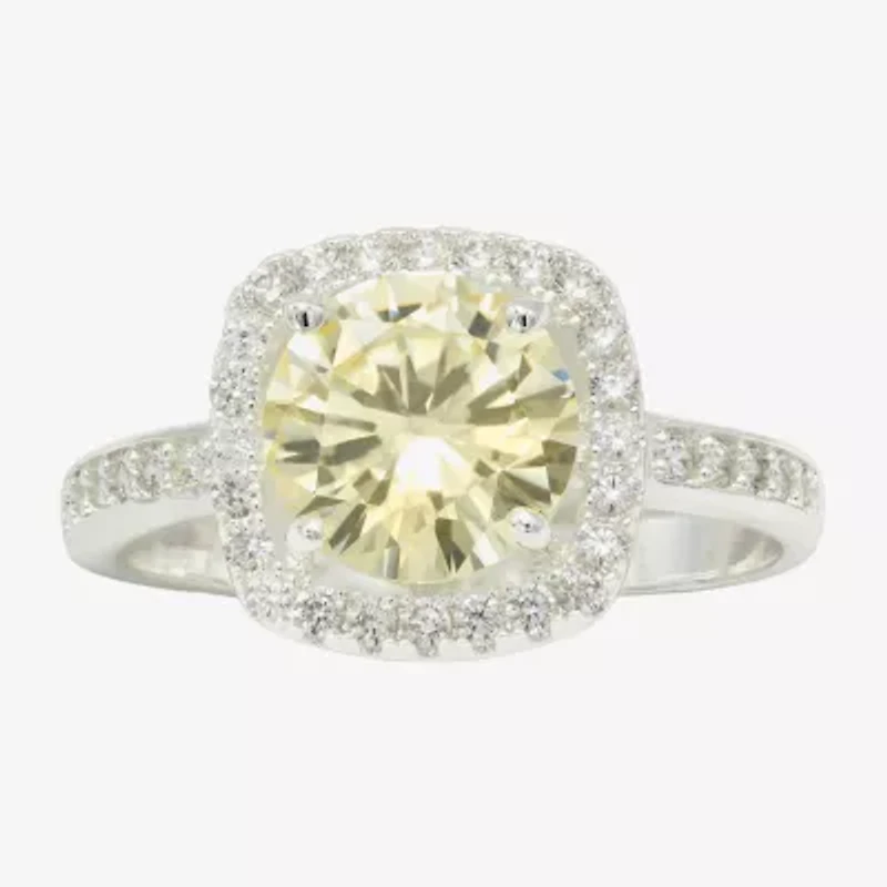 Sparkle Allure Womens Yellow Cubic Zirconia Pure Silver Over Brass Round Halo Cocktail Ring