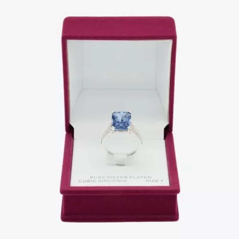 Sparkle Allure Split Shank Womens Blue Cubic Zirconia Pure Silver Over Brass Cocktail Ring
