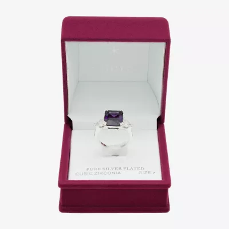 Sparkle Allure Womens Purple Cubic Zirconia Pure Silver Over Brass Cushion 3-Stone Cocktail Ring