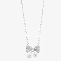 Sparkle Allure Womens Cubic Zirconia Simulated Pearl Pure Silver Over Brass Bow 16 Inch Pendant Necklace