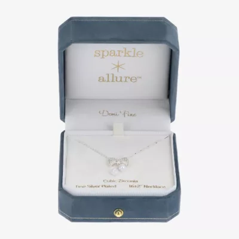Sparkle Allure Womens Cubic Zirconia Simulated Pearl Pure Silver Over Brass Bow 16 Inch Pendant Necklace