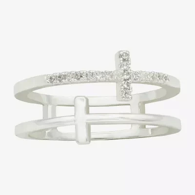 Sparkle Allure Faux Stack Womens 6MM Cubic Zirconia Pure Silver Over Brass Cross Band