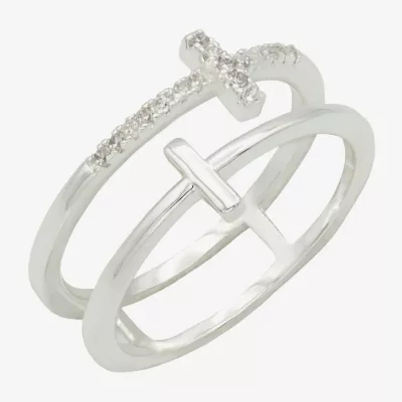 Sparkle Allure Faux Stack Womens 6MM Cubic Zirconia Pure Silver Over Brass Cross Band