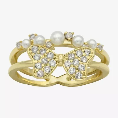 Sparkle Allure Faux Stack Womens 3.5MM 2MM Simulated Pearl Cubic Zirconia 14K Gold Over Brass Bow Band