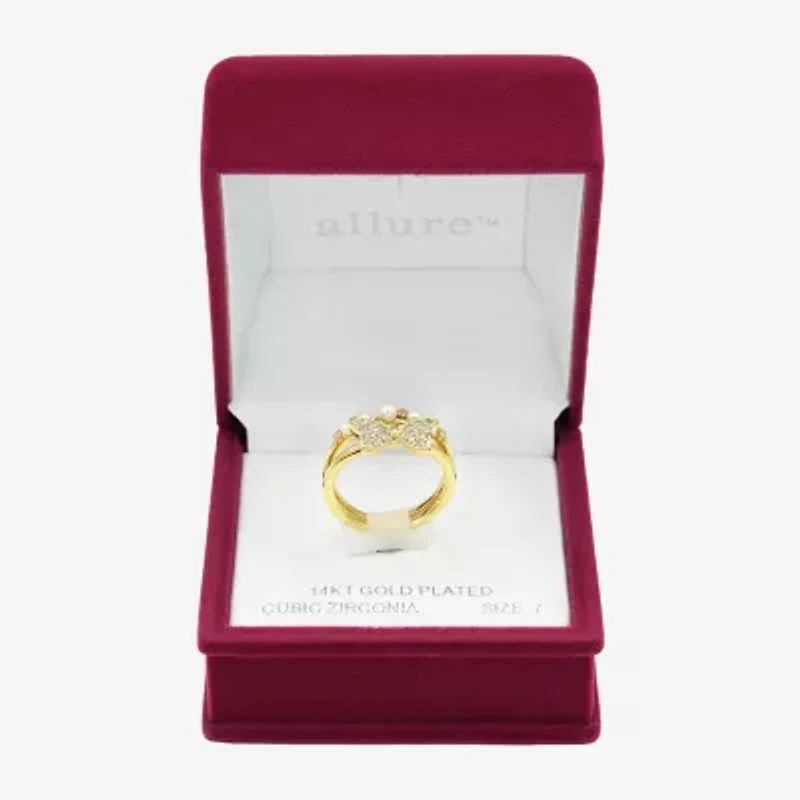 Sparkle Allure Faux Stack Womens 3.5MM 2MM Simulated Pearl Cubic Zirconia 14K Gold Over Brass Bow Band