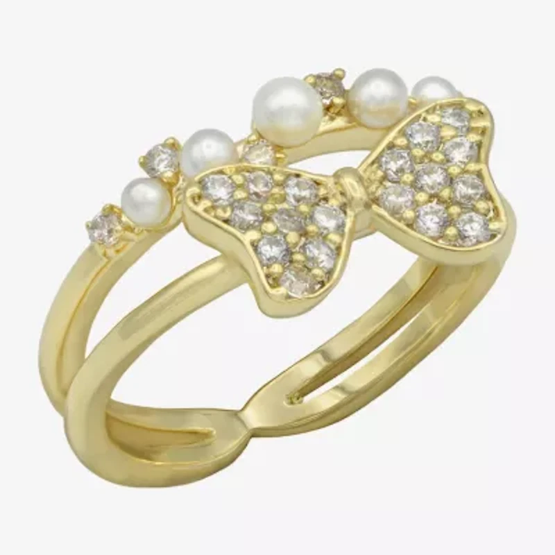 Sparkle Allure Faux Stack Womens 3.5MM 2MM Simulated Pearl Cubic Zirconia 14K Gold Over Brass Bow Band