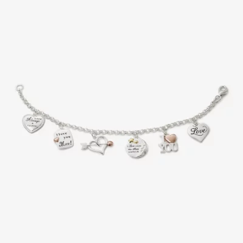 Tri-Tone Sterling Silver Love Heart Charm Bracelet