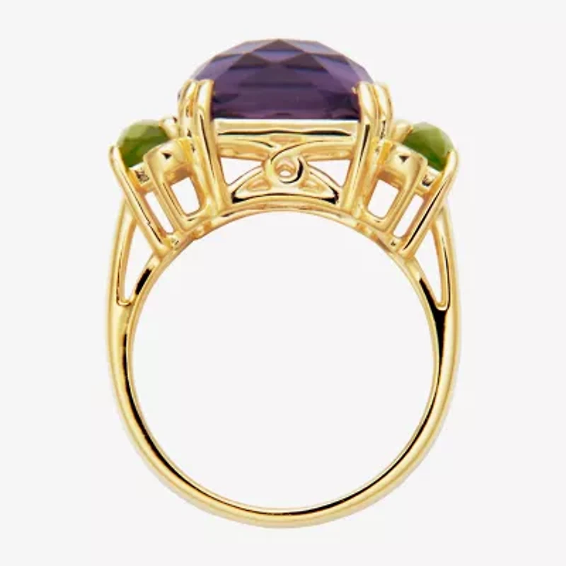 Womens Genuine Purple Amethyst 18K Gold Over Silver Square 3-Stone Cocktail Ring