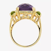 Womens Genuine Purple Amethyst 18K Gold Over Silver Square 3-Stone Cocktail Ring