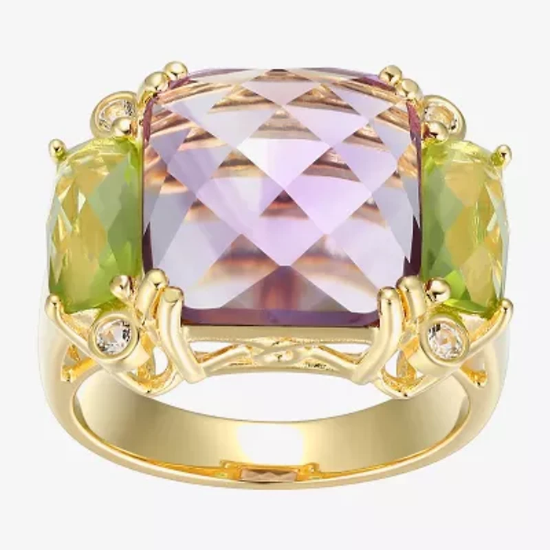 Womens Genuine Purple Amethyst 18K Gold Over Silver Square 3-Stone Cocktail Ring
