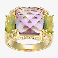 Womens Genuine Purple Amethyst 18K Gold Over Silver Square 3-Stone Cocktail Ring