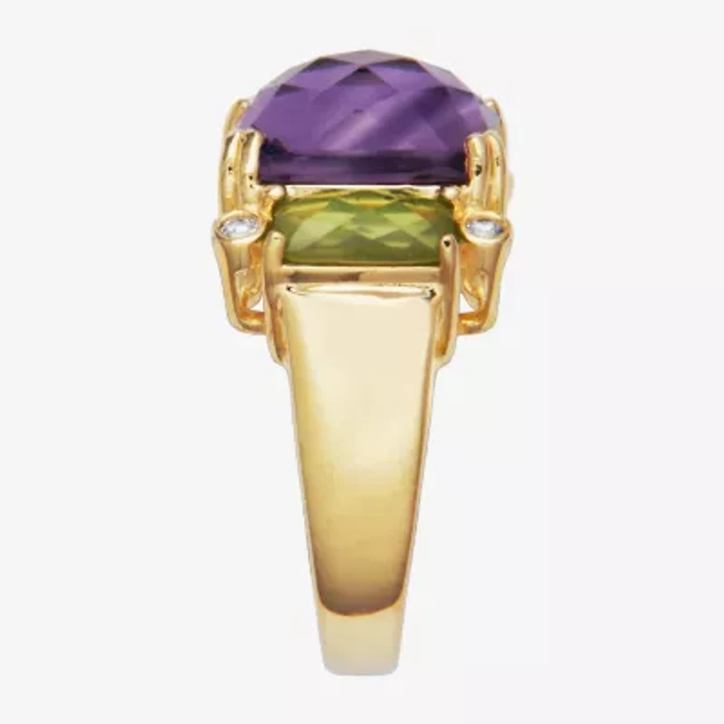Womens Genuine Purple Amethyst 18K Gold Over Silver Square 3-Stone Cocktail Ring