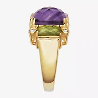 Womens Genuine Purple Amethyst 18K Gold Over Silver Square 3-Stone Cocktail Ring