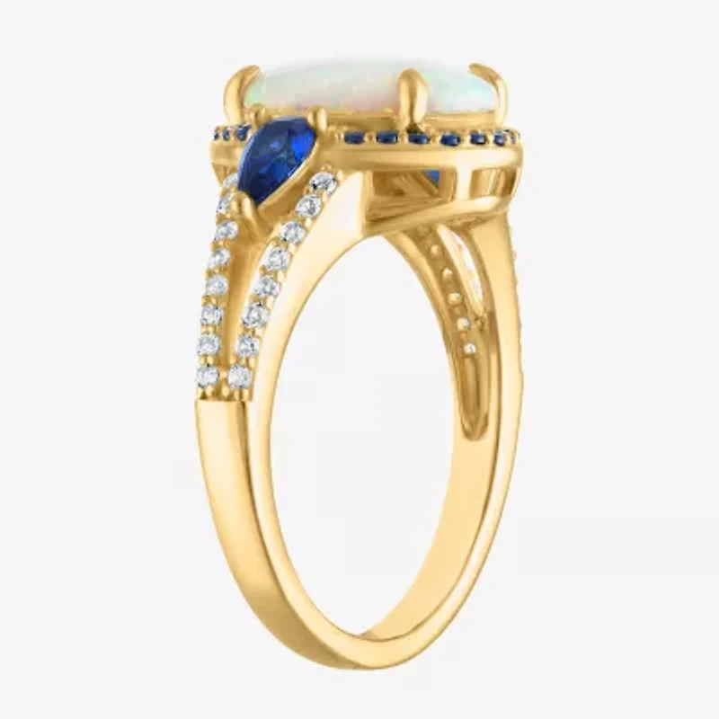 Womens Lab Created White Opal 14K Gold Over Silver Oval Halo Cocktail Ring