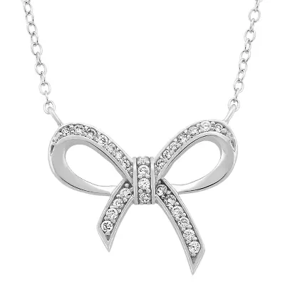 DiamonArt® Womens White Cubic Zirconia Sterling Silver Bow Pendant Necklace