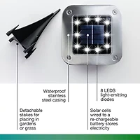 Bell + Howell 8 LED Super Bright Solar Powered Square Disk Light with Auto On/Off Lighting and Waterproof Rust-Free Stainless Tops - 4 Pack